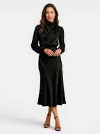 Womens High Neck Flared Midi Dress with Long Sleeves Fitted