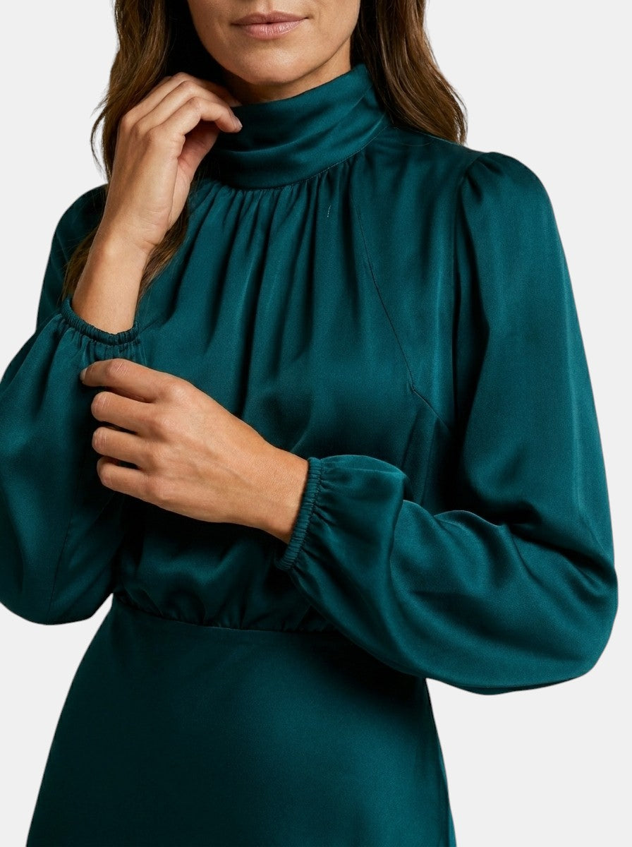 Womens High Neck Flared Midi Dress with Long Sleeves Fitted