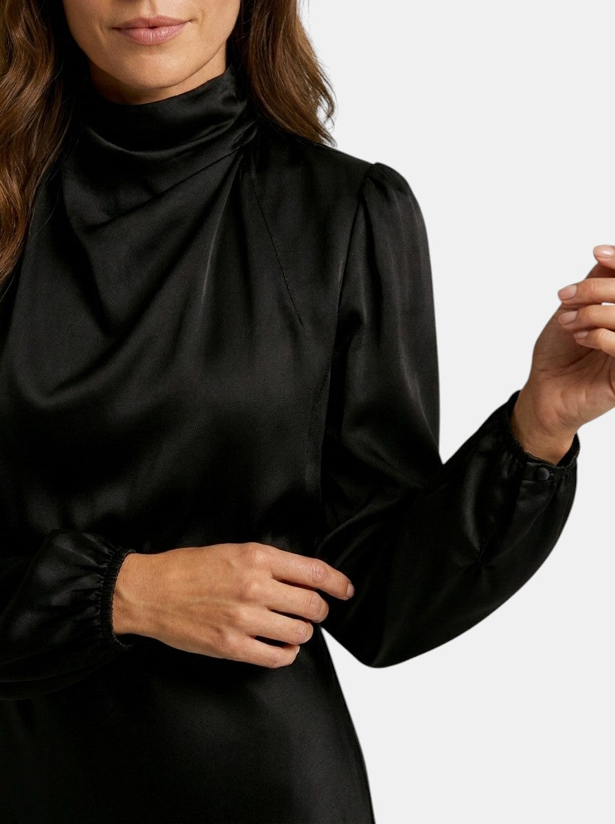 Womens High Neck Flared Midi Dress with Long Sleeves Fitted
