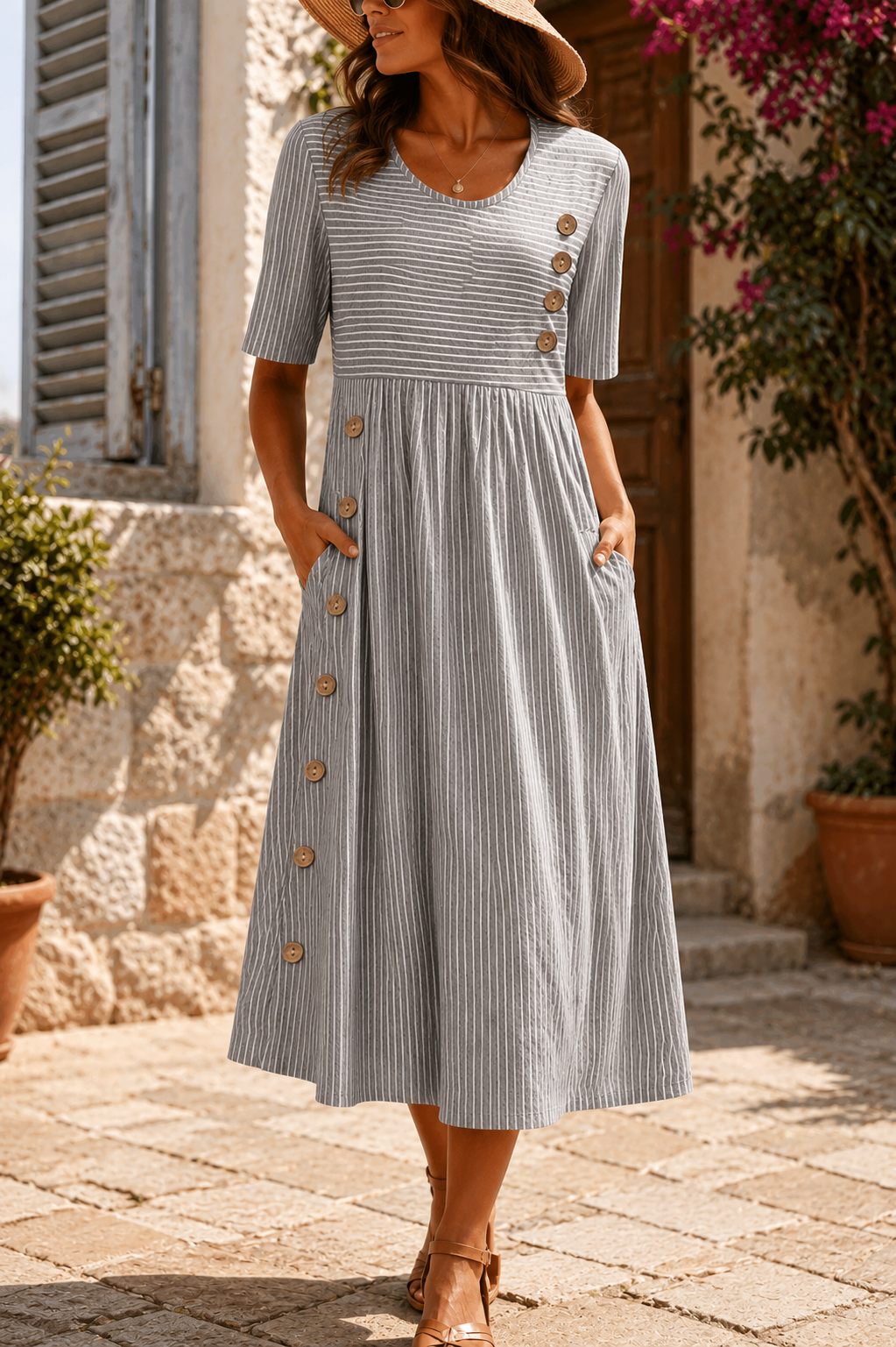 Women's Pinstripe Midi Dress with Button Front