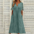 Womens V Neck Eyelet Pattern Short Sleeve Midi Dress