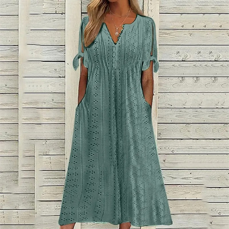 Womens V Neck Eyelet Pattern Short Sleeve Midi Dress
