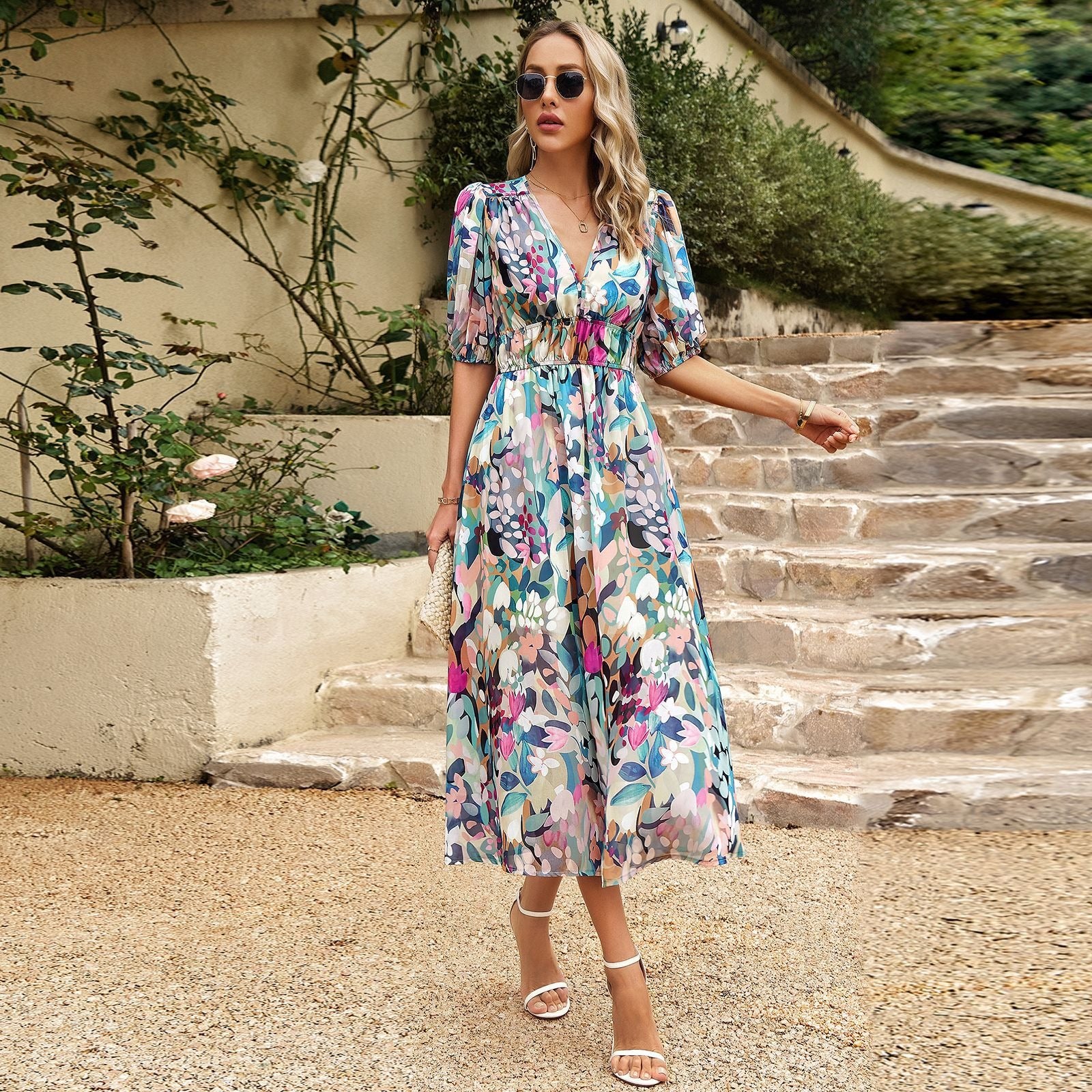 Women's Puff Sleeve Midi Dress with Square Neckline