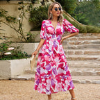 Women's Puff Sleeve Midi Dress with Square Neckline