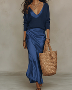 Women’s Satin Slip Midi Dress and Knit Sweater Set