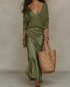 Women’s Satin Slip Midi Dress and Knit Sweater Set