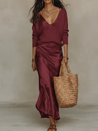 Women’s Satin Slip Midi Dress and Knit Sweater Set