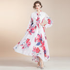 Women’s Sheer Long Sleeve Belted Floral Dress