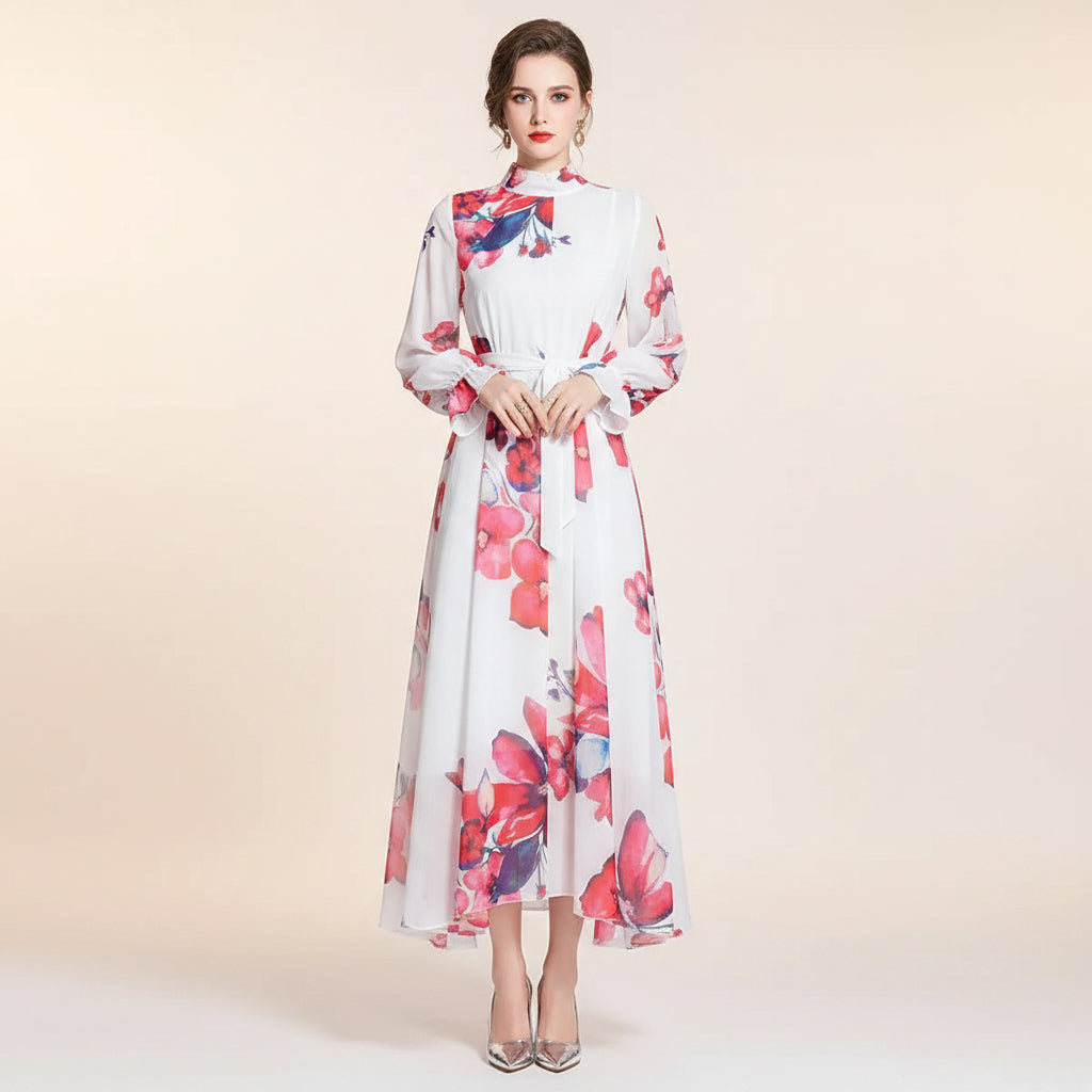 Women’s Sheer Long Sleeve Belted Floral Dress