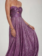 Womens Shiny Strapless Pleated Maxi Evening Dress