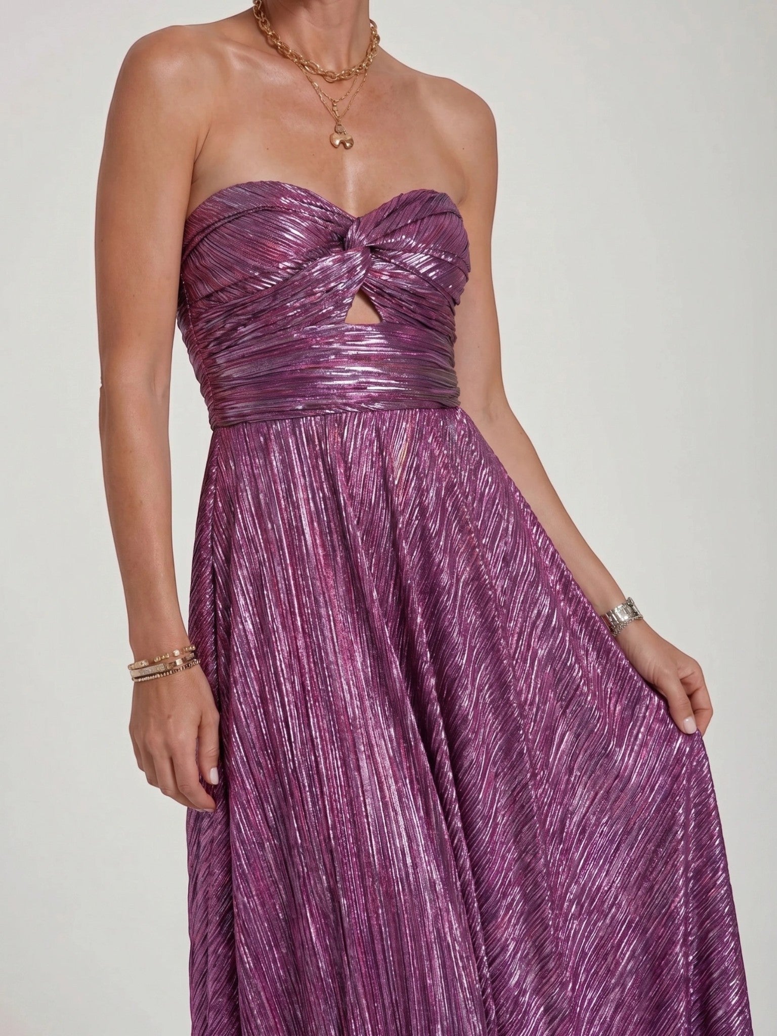 Womens Shiny Strapless Pleated Maxi Evening Dress