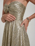 Womens Shiny Strapless Pleated Maxi Evening Dress