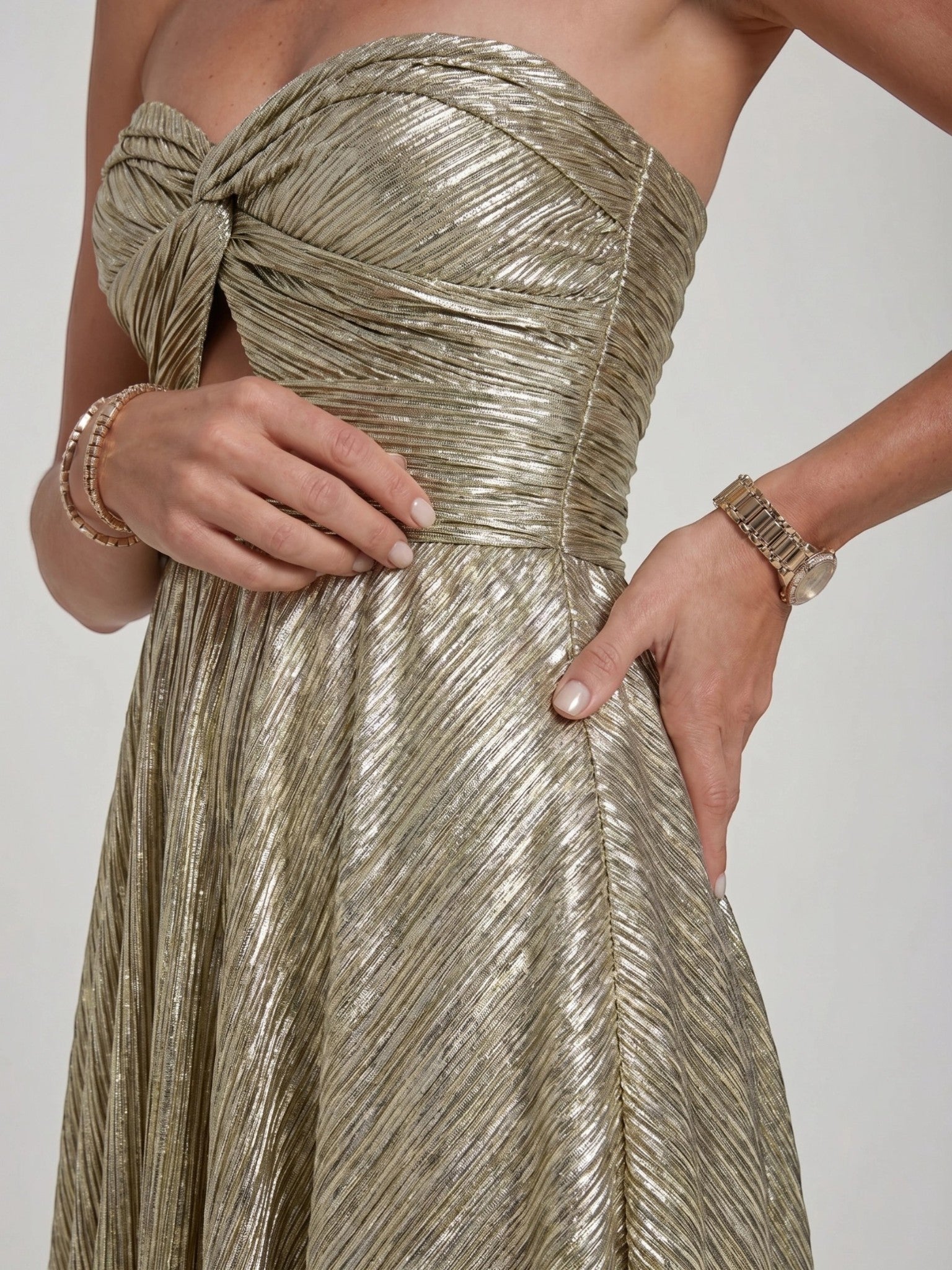 Womens Shiny Strapless Pleated Maxi Evening Dress