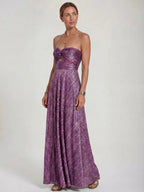 Womens Shiny Strapless Pleated Maxi Evening Dress