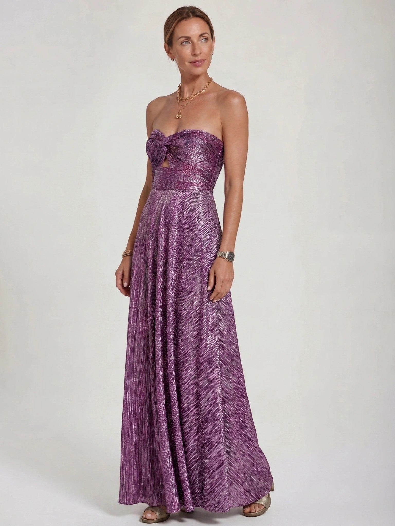 Womens Shiny Strapless Pleated Maxi Evening Dress