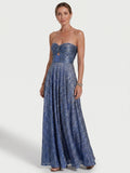 Womens Shiny Strapless Pleated Maxi Evening Dress