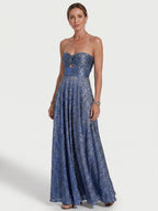 Womens Shiny Strapless Pleated Maxi Evening Dress