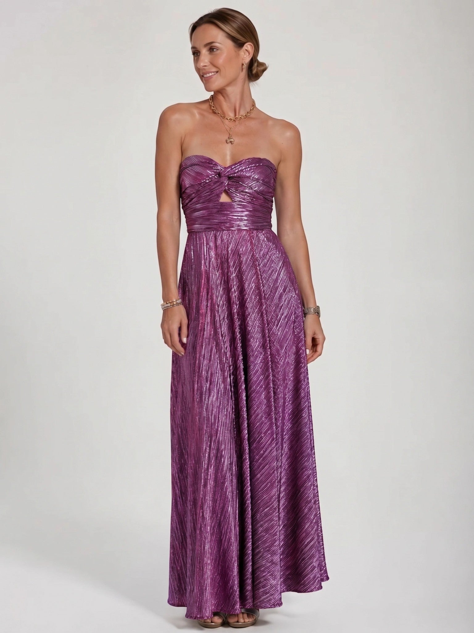 Womens Shiny Strapless Pleated Maxi Evening Dress