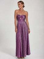 Womens Shiny Strapless Pleated Maxi Evening Dress