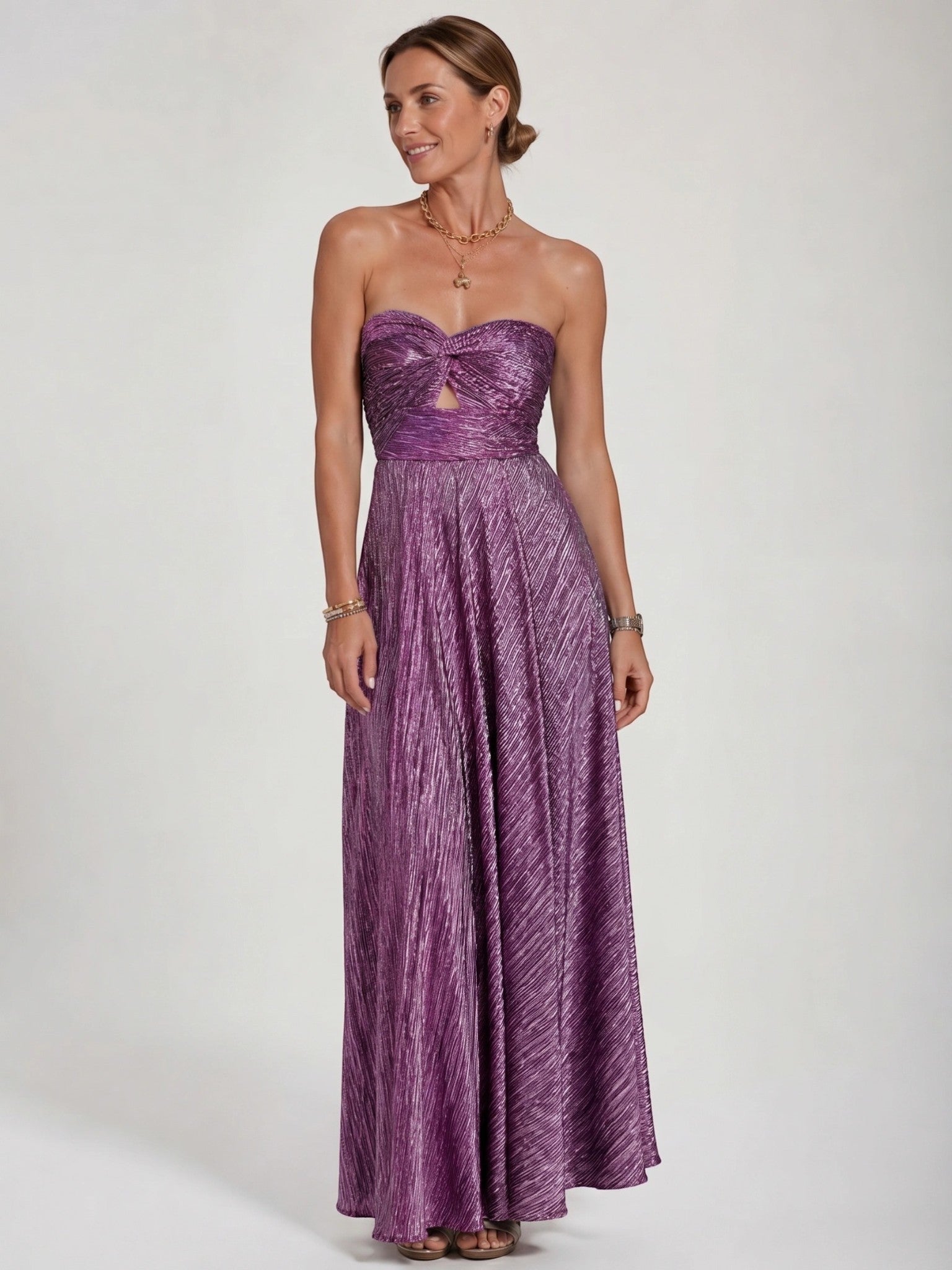 Womens Shiny Strapless Pleated Maxi Evening Dress