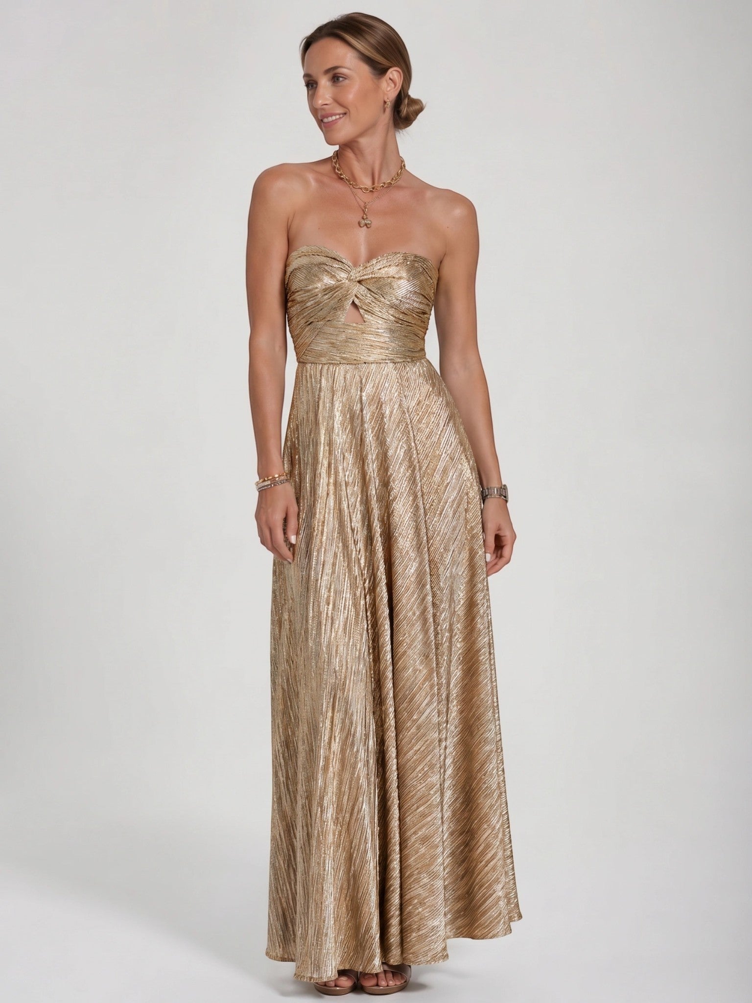 Womens Shiny Strapless Pleated Maxi Evening Dress