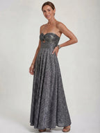 Womens Shiny Strapless Pleated Maxi Evening Dress