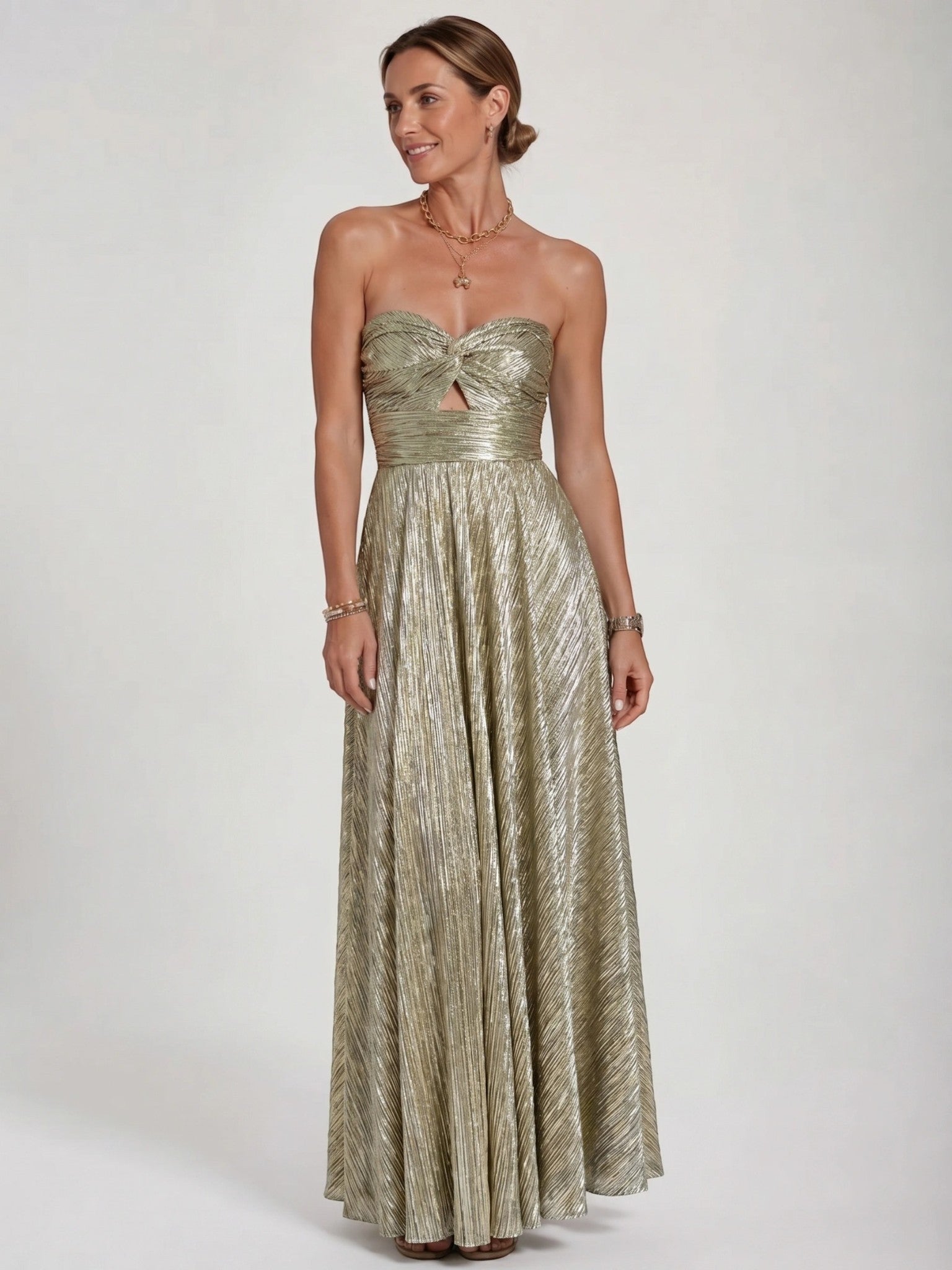 Womens Shiny Strapless Pleated Maxi Evening Dress