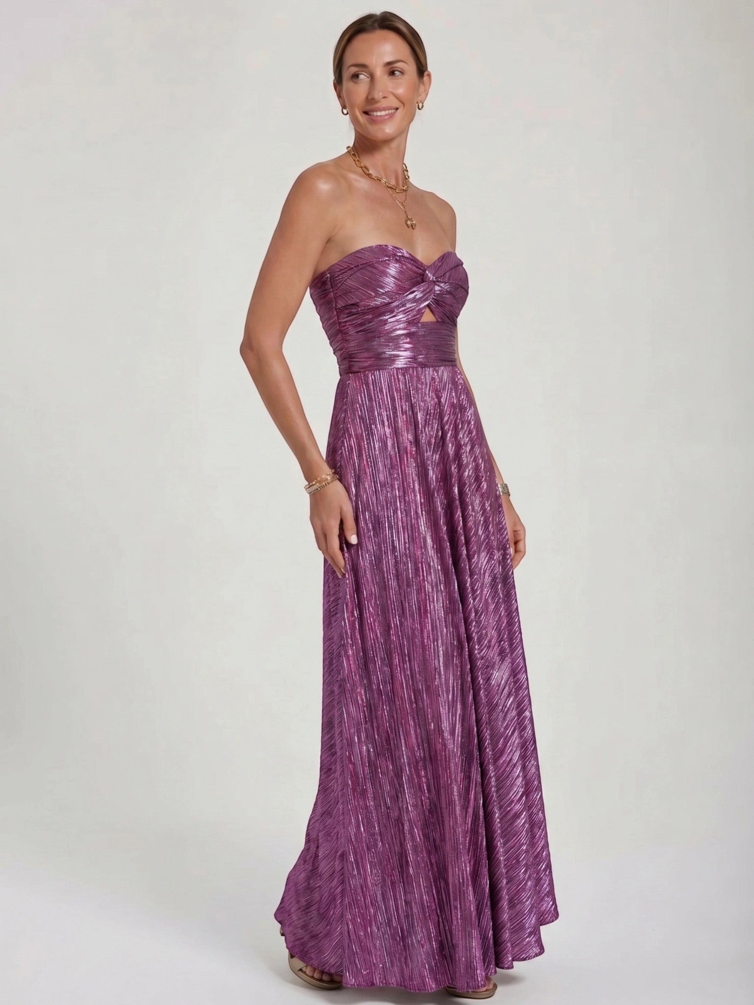 Womens Shiny Strapless Pleated Maxi Evening Dress
