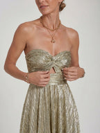 Womens Shiny Strapless Pleated Maxi Evening Dress