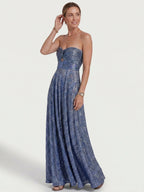 Womens Shiny Strapless Pleated Maxi Evening Dress