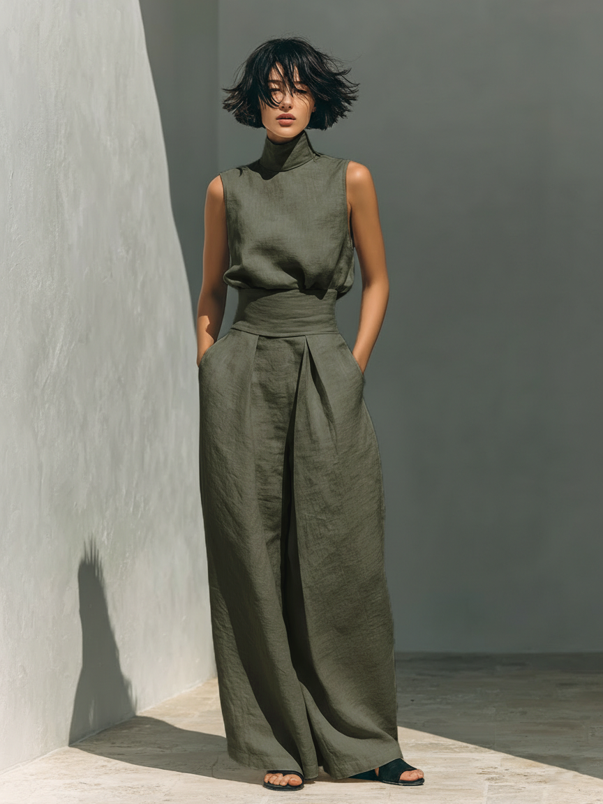 Women’s High Neck Sleeveless Top and Trousers Set
