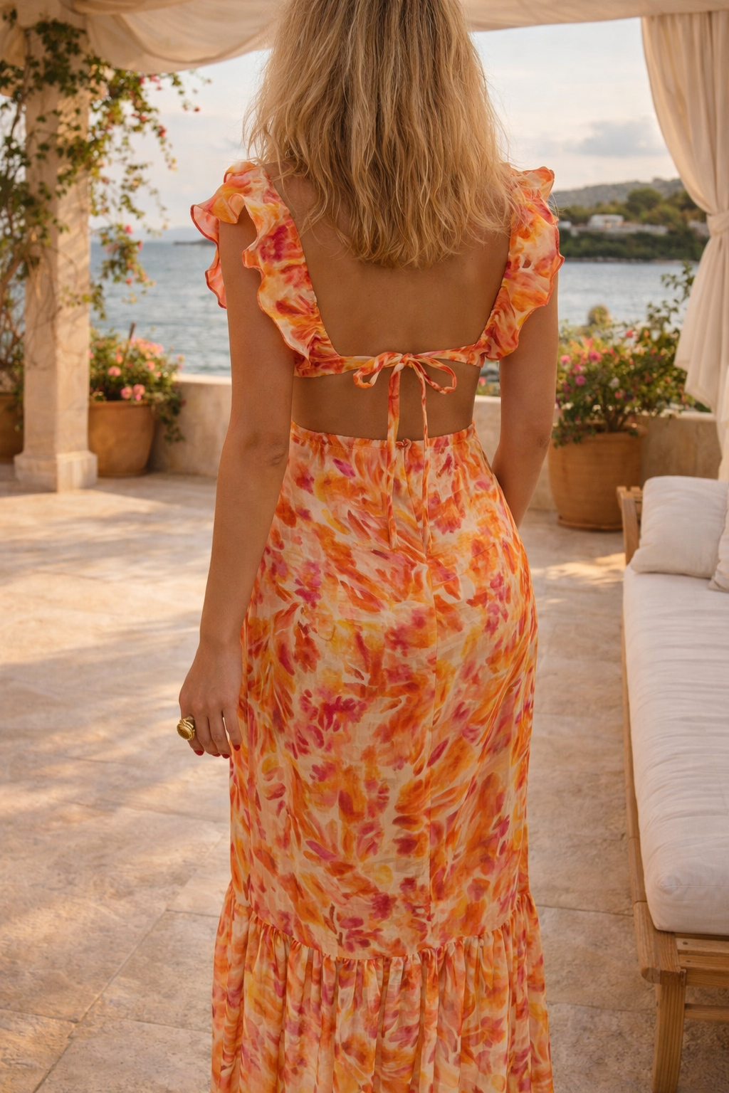Women’s Sleeveless V-Neck Ruffle Trim Maxi Dress