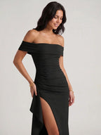 Womens Off-Shoulder Maxi Dress with High Slit and Short Sleeves