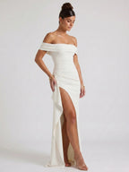 Womens Off-Shoulder Maxi Dress with High Slit and Short Sleeves