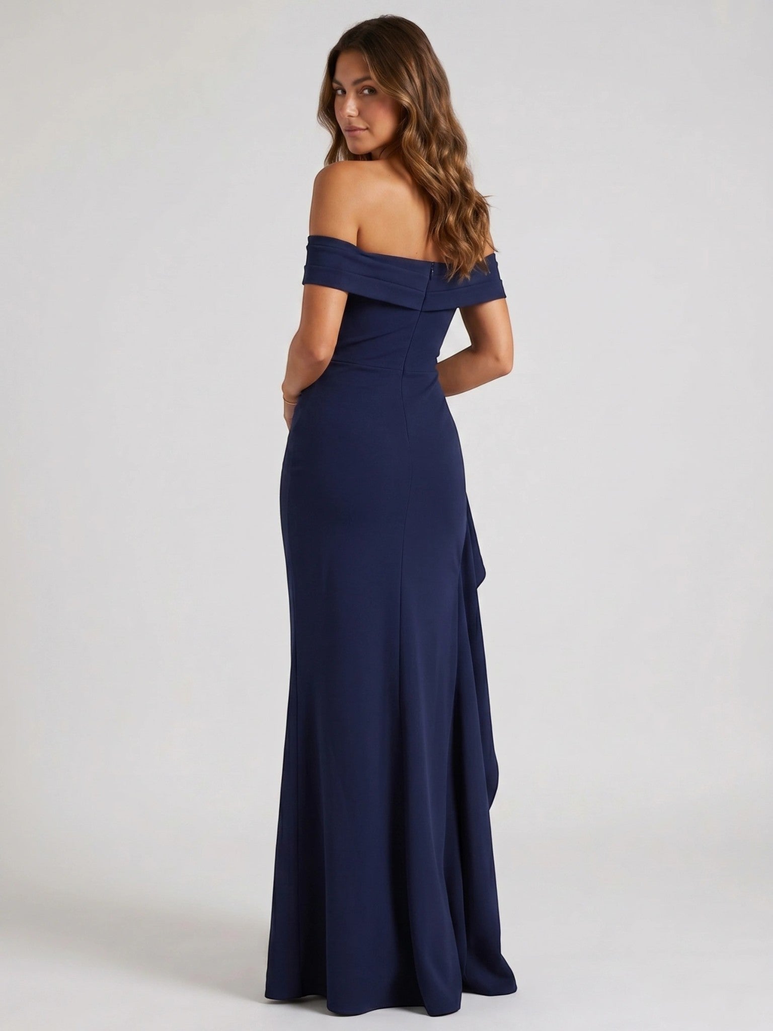 Womens Off-Shoulder Maxi Dress with High Slit and Short Sleeves