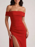 Womens Off-Shoulder Maxi Dress with High Slit and Short Sleeves