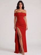 Womens Off-Shoulder Maxi Dress with High Slit and Short Sleeves
