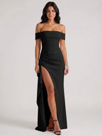 Womens Off-Shoulder Maxi Dress with High Slit and Short Sleeves