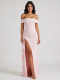 Womens Off-Shoulder Maxi Dress with High Slit and Short Sleeves