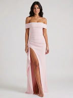 Womens Off-Shoulder Maxi Dress with High Slit and Short Sleeves