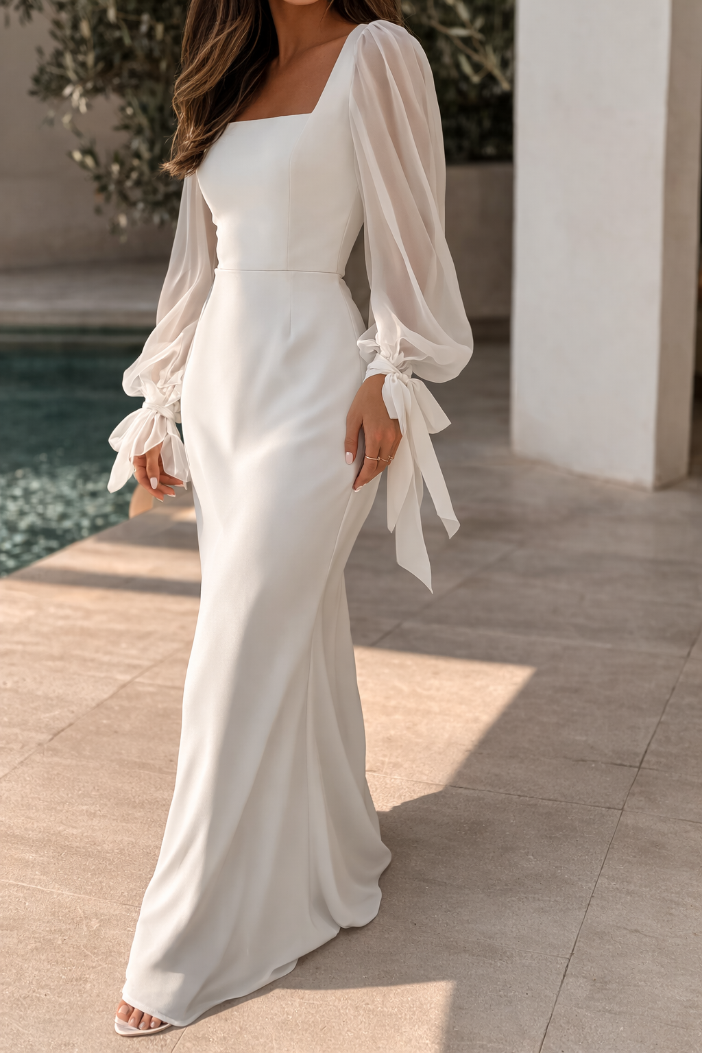 Women’s Square Neck Maxi Dress with Sheer Sleeves