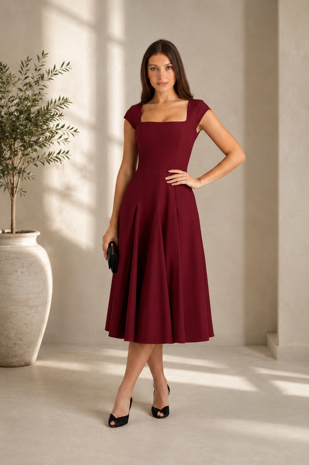 Women’s Square Neck Midi Dress with Pleated Skirt