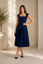 Women’s Square Neck Midi Dress with Pleated Skirt