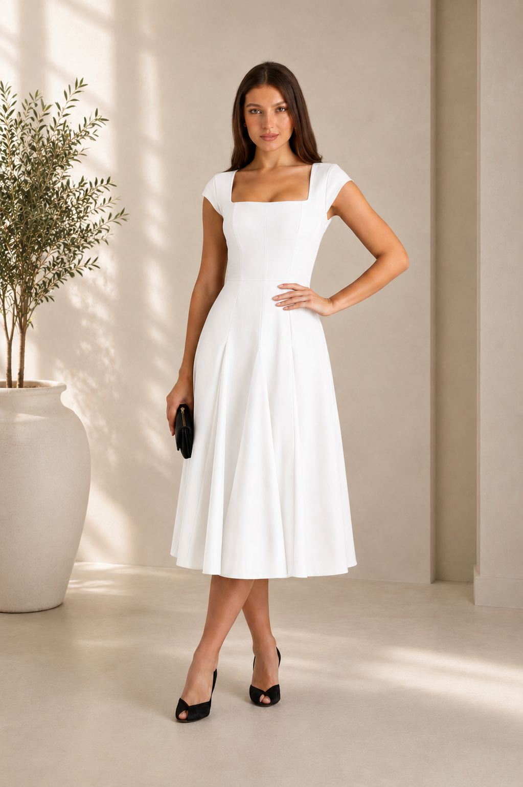 Women’s Square Neck Midi Dress with Pleated Skirt