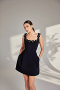 Women’s Square Neck Mini Dress with Floral Appliqué