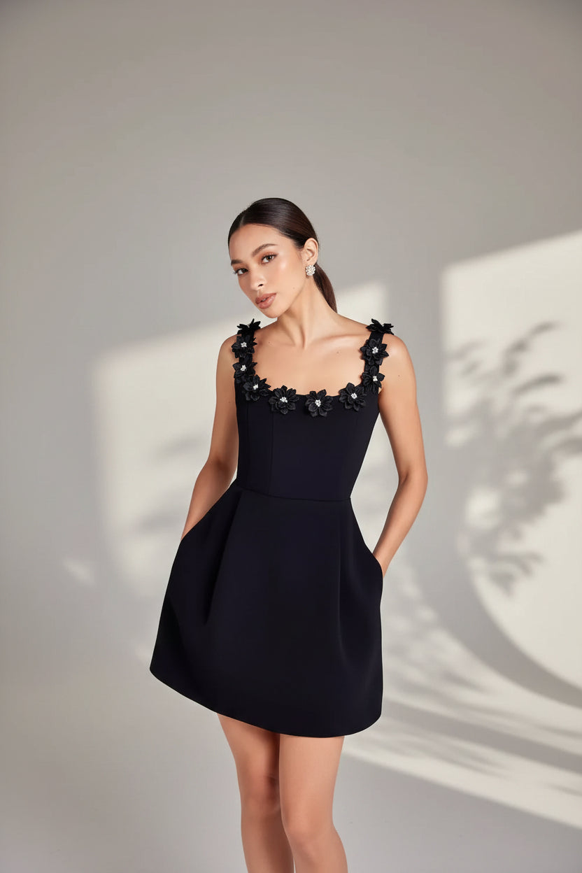 Women’s Square Neck Mini Dress with Floral Appliqué