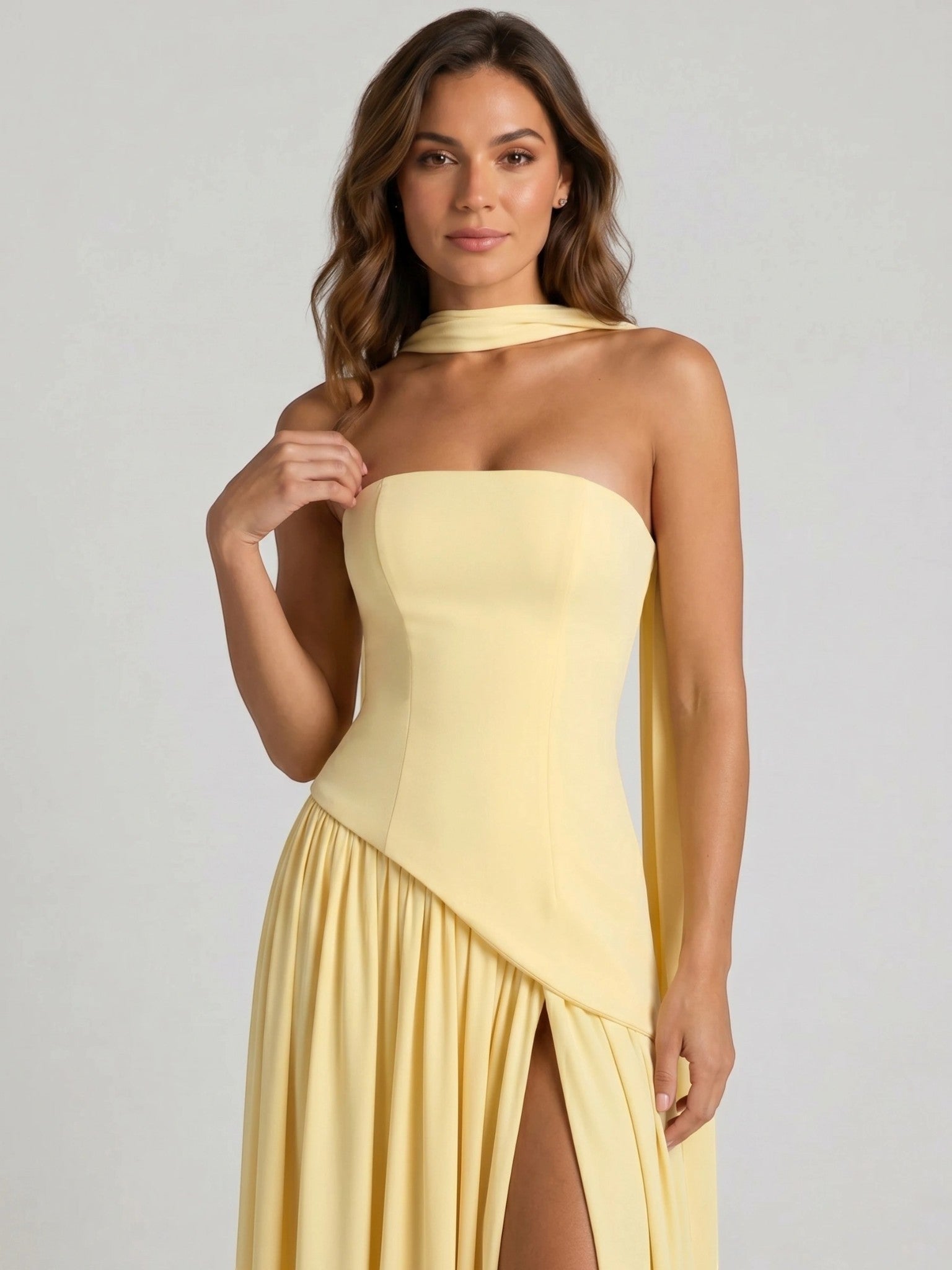 Womens Structured Corset Strapless Maxi Dress with High Slit