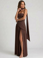 Womens Structured Corset Strapless Maxi Dress with High Slit