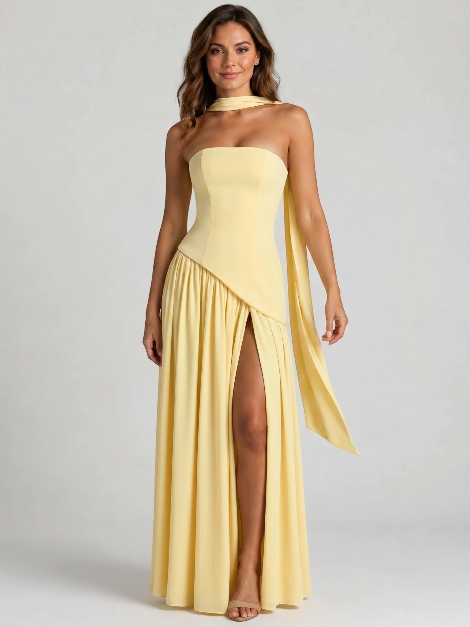 Womens Structured Corset Strapless Maxi Dress with High Slit