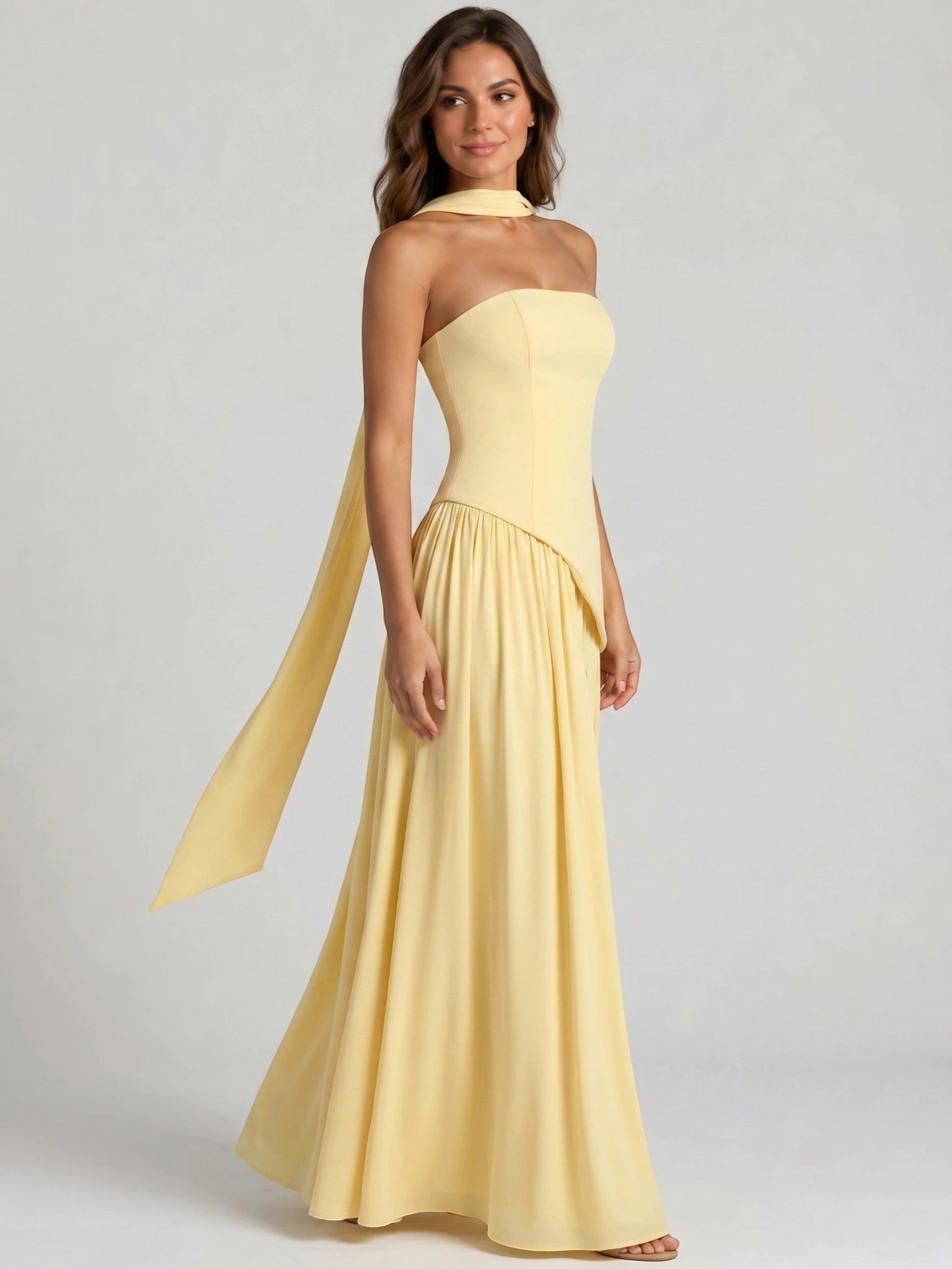 Womens Structured Corset Strapless Maxi Dress with High Slit